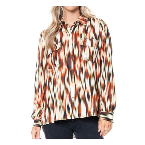 FEVER Tops - FEVER Womens Brown Printed Cuffed Collared Wear To Work Blouse M